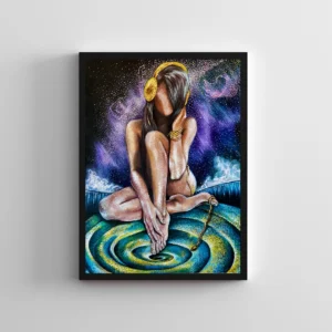 Disconnected Constellations, an A1 acrylic artwork featuring a faceless figure, cosmic elements, and symbolic reflections on modern existence.