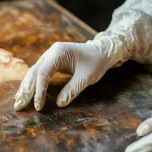 Close-up of a detailed sculpture hand touching textured surface, showcasing artistry and craftsmanship.