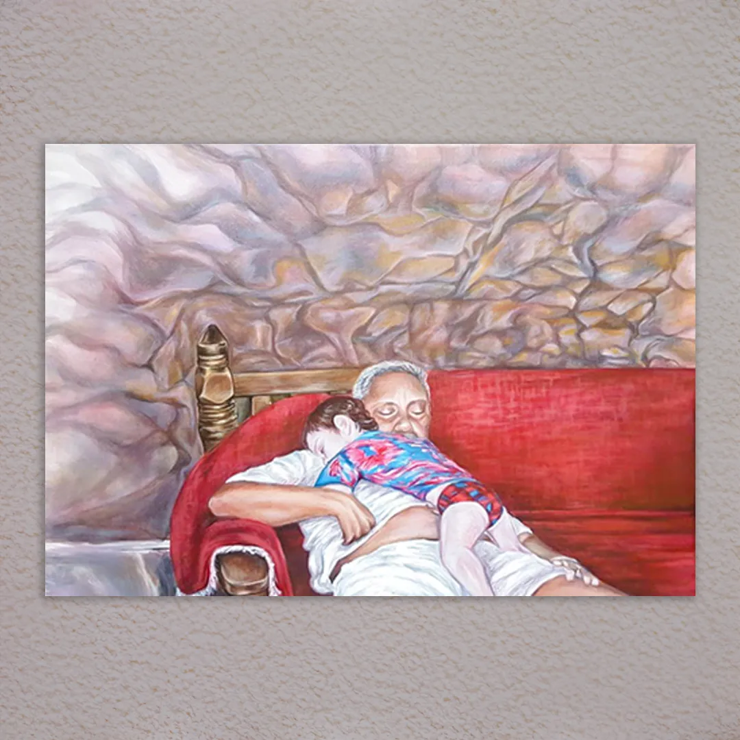 An Oupa and His Grandson, an A3 acrylic painting capturing a tender family moment between grandfather and grandson in a warm South African home.