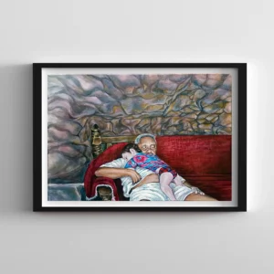 An Oupa and His Grandson, an A3 acrylic painting capturing a tender family moment between grandfather and grandson in a warm South African home.