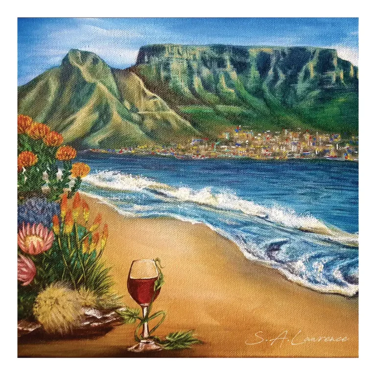 Vibrant mountain and coastal landscape painting by Sascha, featuring a sandy beach, ocean waves, and colorful town backdrop.