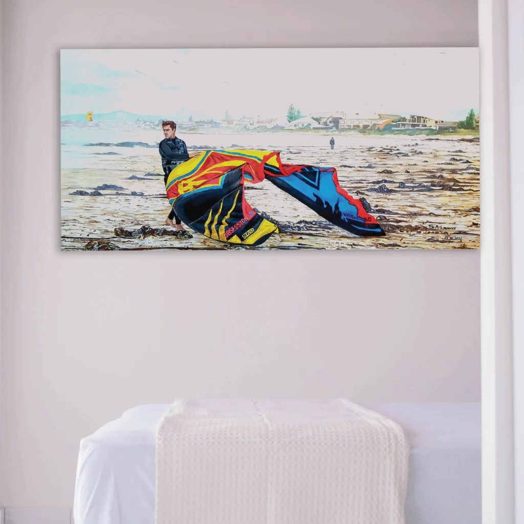 Vibrant kite surfing artwork by Sascha Lawrence capturing dynamic motion at the beach.