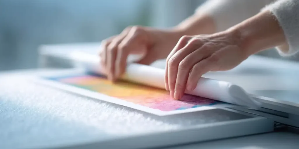 Close-up of hands flipping through vibrant art prints by Sascha, showcasing creative artwork and contemporary style.