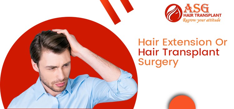 Thinning hair man contemplating hair transplant procedure for hair restoration, hair extension options.