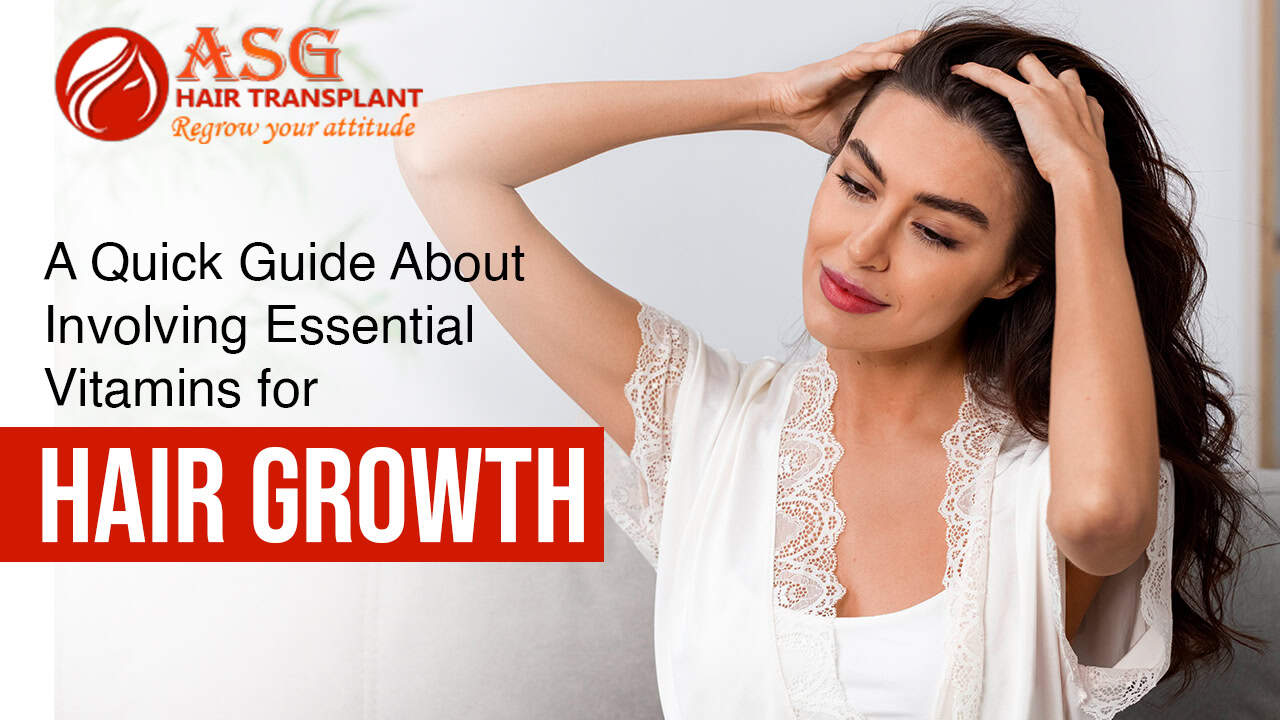 Lush woman with healthy hair touching her head, promoting hair growth and essential vitamins for hair health.