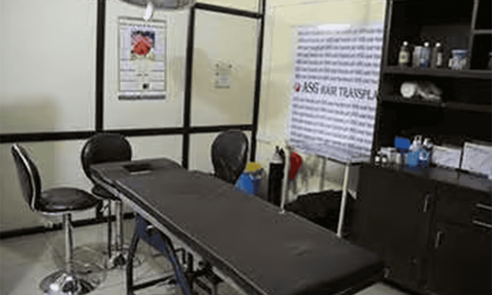 Extreme close-up of an empty consultation room at ASG Hair Transplant Centre, sterile environment, hair restoration clinic.