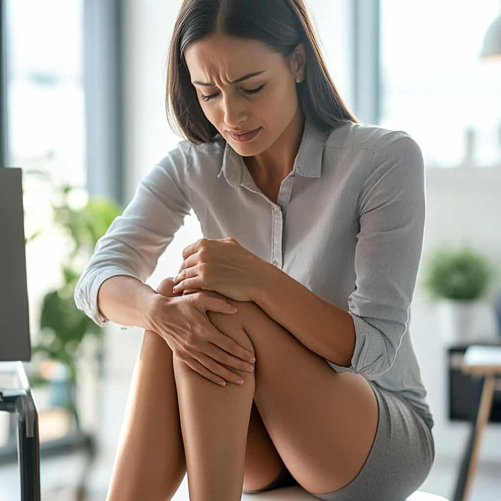 A woman clutches her knee with a strained expression, showing osteoarthritis discomfort—a condition often supported at our health clinic in Higham Ferrers.