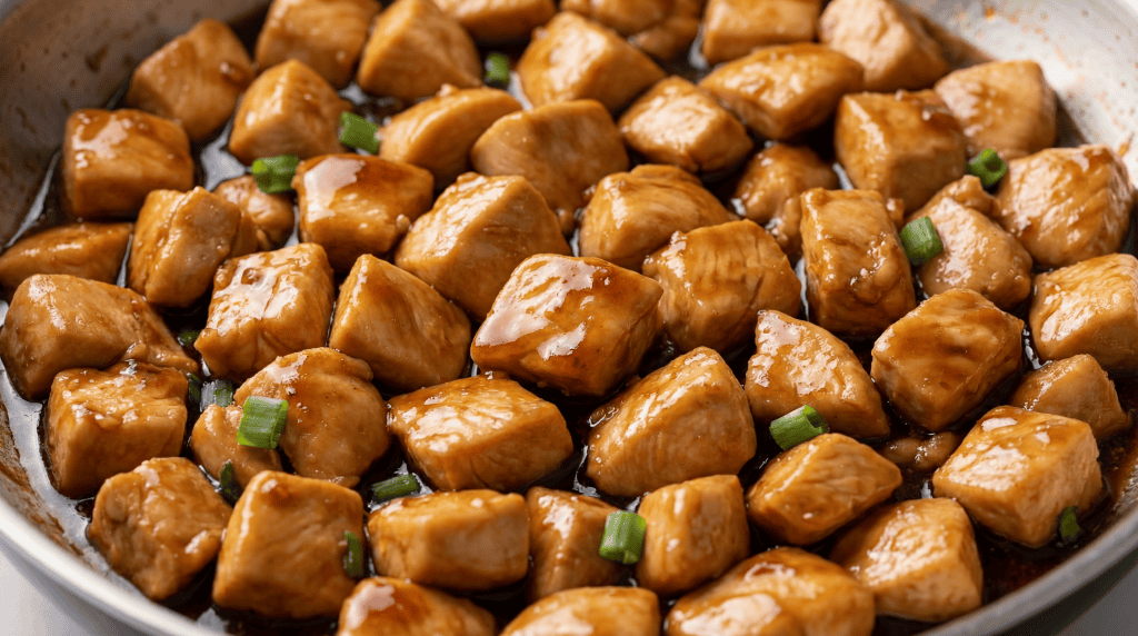 A close-up of cooked chicken pieces coated in a glossy brown sauce, garnished with chopped green onions in a skillet—perfect for an Asian-style Chicken Rice Bowl.