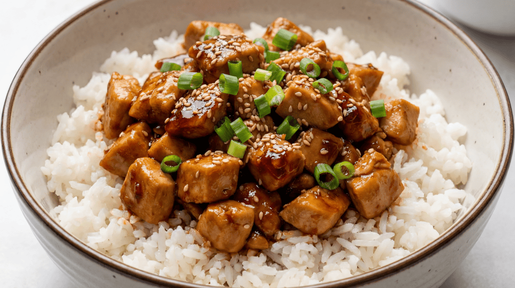 An Asian-style Chicken Rice Bowl featuring glazed chicken pieces atop white rice, garnished with sliced green onions and sesame seeds.