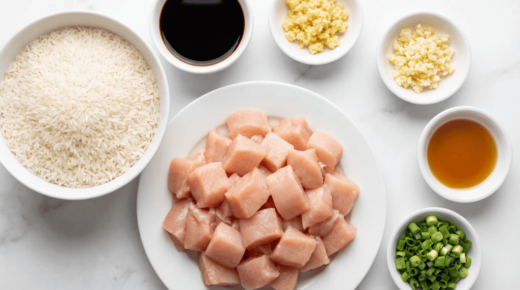 A plate of raw, cubed chicken for an Asian-style Chicken Rice Bowl, surrounded by bowls of white rice, soy sauce, minced garlic, grated ginger, chopped green onions, and a small bowl of sauce on a white surface.