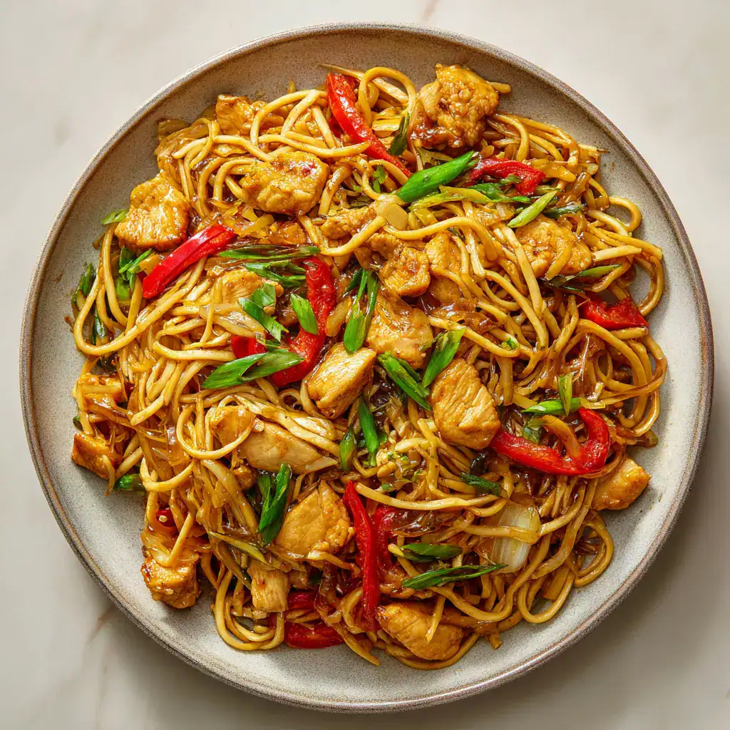 A plate of Chicken Noodle Stir Fry with tender chicken, noodles, red bell peppers, green onions, and bean sprouts sits on a light-colored table.
