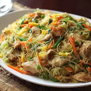 A plate of Chicken Pancit featuring stir-fried rice noodles with sliced chicken, scrambled eggs, carrots, green beans, cabbage, and other mixed vegetables. The colorful dish is freshly served on a white plate.