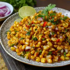 The dish features yellow corn kernels mixed with diced red onions, red chilies, and fresh cilantro, garnished with a lime wedge.