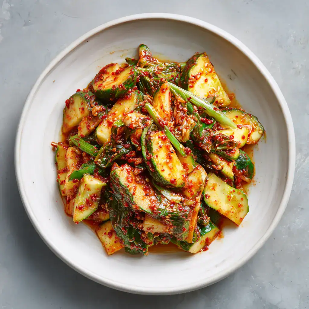 A white bowl filled with spicy Cucumber Kimchi, featuring sliced cucumbers coated in red chili paste, green onions, and sesame seeds on a light gray background.