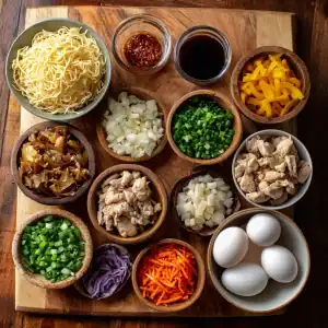 A wooden board topped with bowls of Chicken Pancit ingredients for stir-fry: cooked noodles, sauces, diced chicken, eggs, chopped onions, peppers, carrots, green onions, cabbage, and mushrooms arranged neatly.