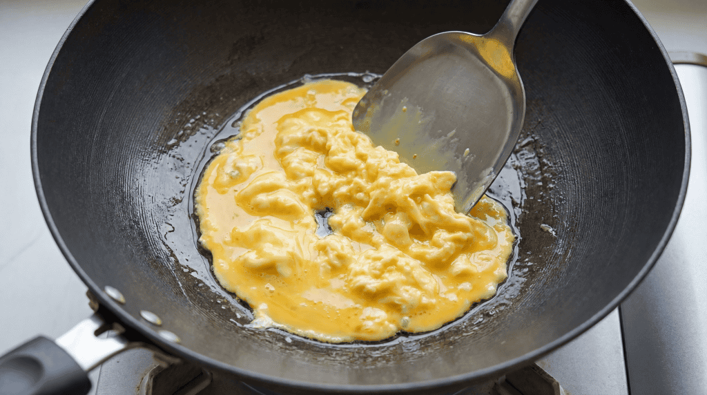 A close-up of scrambled eggs being cooked in a black frying pan, with a metal spatula stirring the egg