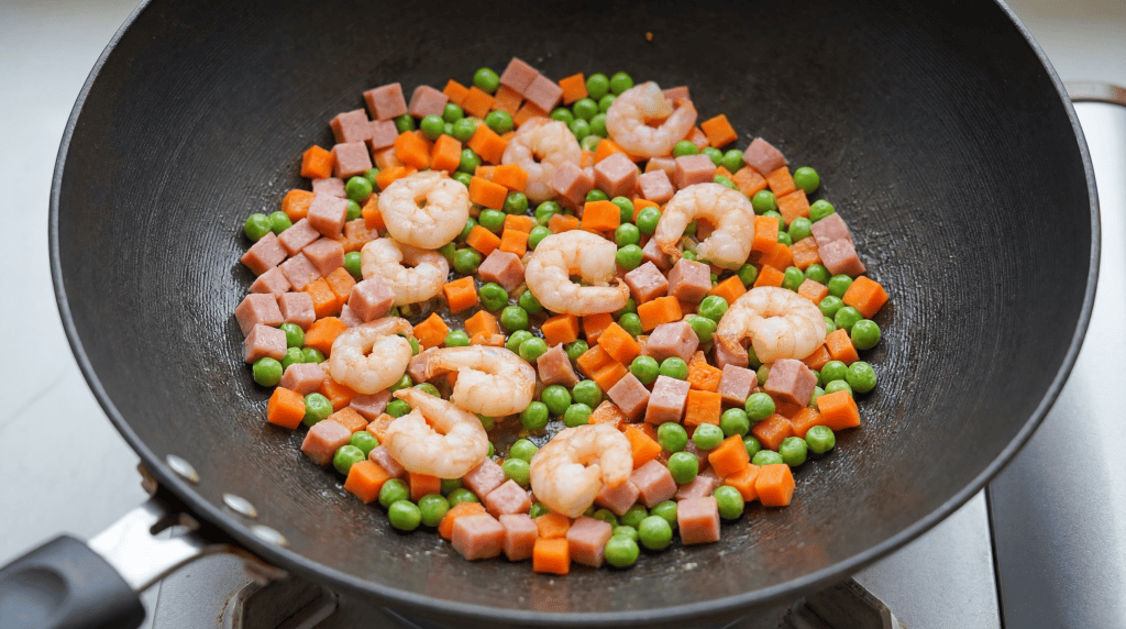 Shrimp, diced ham, carrots, and peas are being stir-fried in a black wok on a stovetop—classic ingredients for Yangzhou Fried Rice. The shrimp sit atop the evenly distributed vegetables, creating a colorful and appetizing scene.