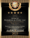 Award plaque for Astacio Plumbing & HVAC, LLC, showcasing a 5-star customer service rating from The Talk Awards, 2023.