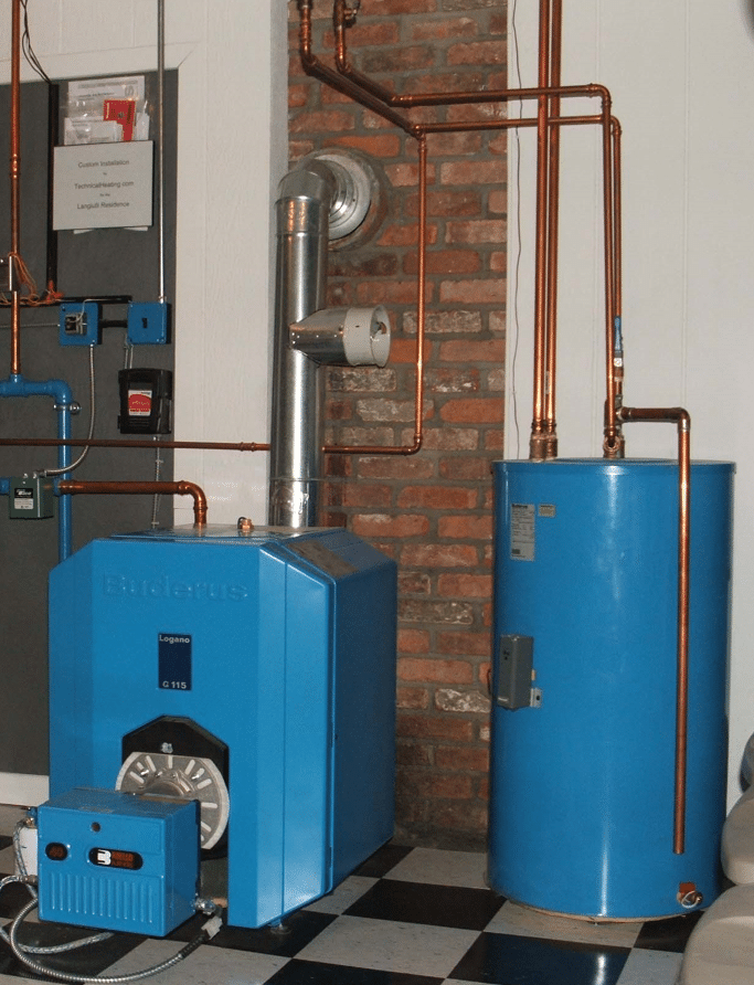 A blue residential boiler system with connected pipes and a cylindrical water tank, set against a brick and white wall background on black and white checkered flooring.