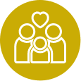 Icon of a family with three members in white outline on a yellow circle background. A heart is above them, symbolizing love or care.
