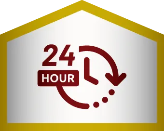 Maroon icon of a clock with an arrow and the text "24 HOUR," indicating 24-hour service, inside a gold-bordered house shape.