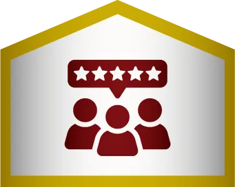 Three people icons with a speech bubble above them displaying five stars, enclosed within a gold-outlined house shape.