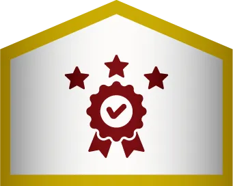 A maroon award ribbon with a check mark is centered below three maroon stars on a white background with a yellow border.