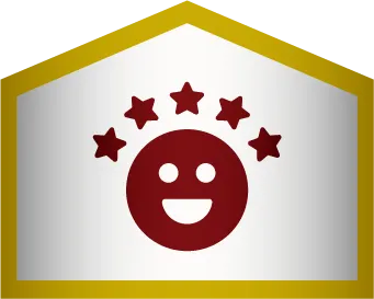 A maroon smiling face icon with five maroon stars arranged above it, set inside a yellow-bordered pentagon shape.