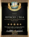 A black and gold award plaque presented to Astacio Sila of Astacio Heating for service excellence in HVAC, plumbing, and electrical contracting, featuring five stars and "The Talk Awards 2025" text.