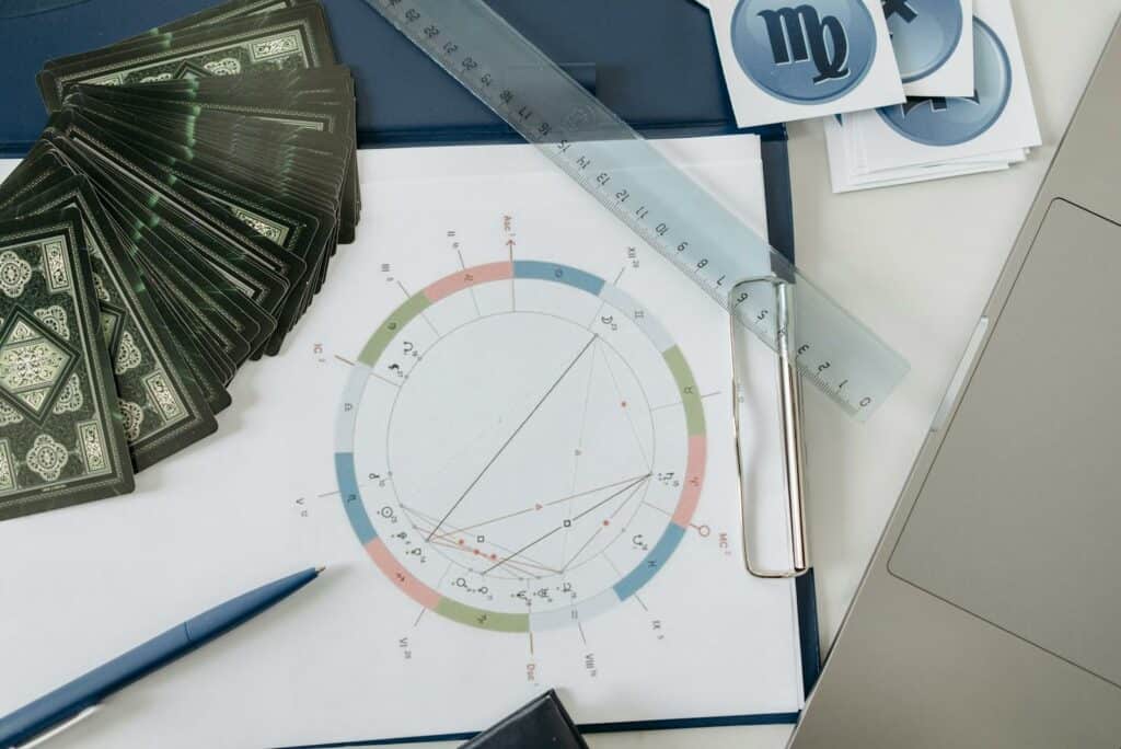 Zodiac sign, Flat lay of astrology tools, including tarot cards and a natal chart, on a desk.