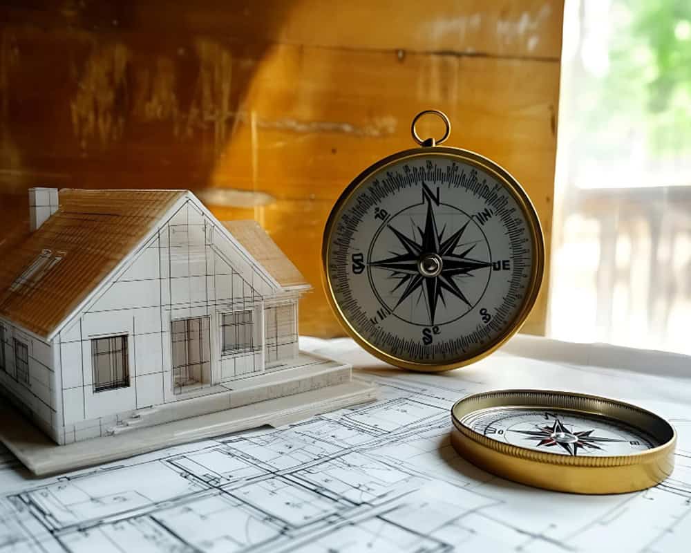 Architectural house model with compass for Vastu Shastra consultation.