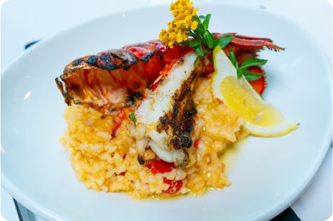 Delicious lobster and seafood risotto with lemon and herbs on a white plate.