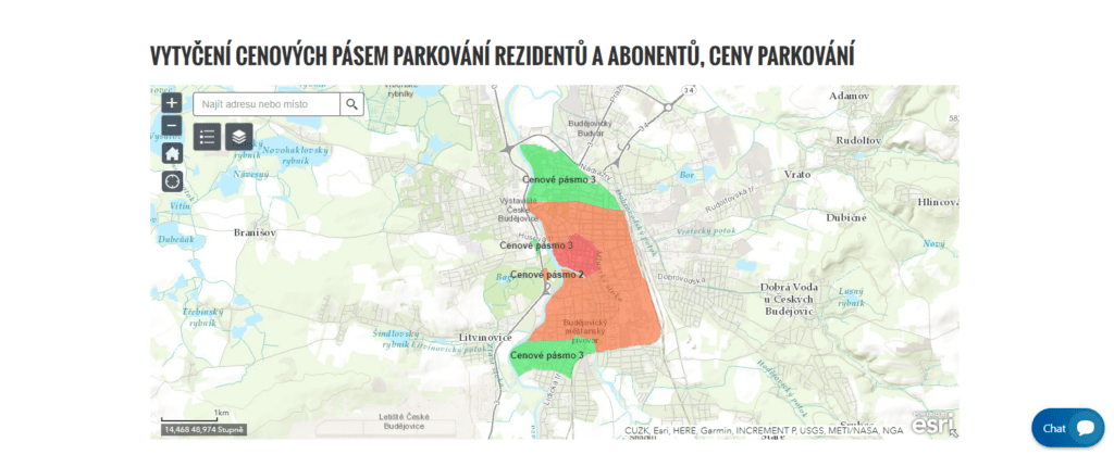 Mapa cenových pásem parkování v Českých Budějovicích