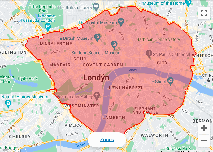 Mapa Zóny Congestion Charge (vstupní poplatek za přetížení)