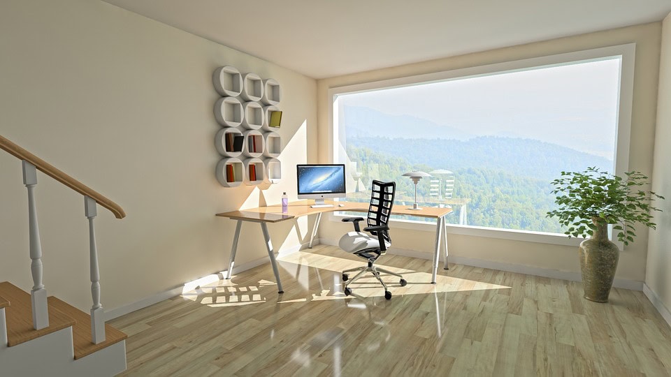2-high-tech-home-office A modern, brightly lit home office with modernist decor and bright white hues