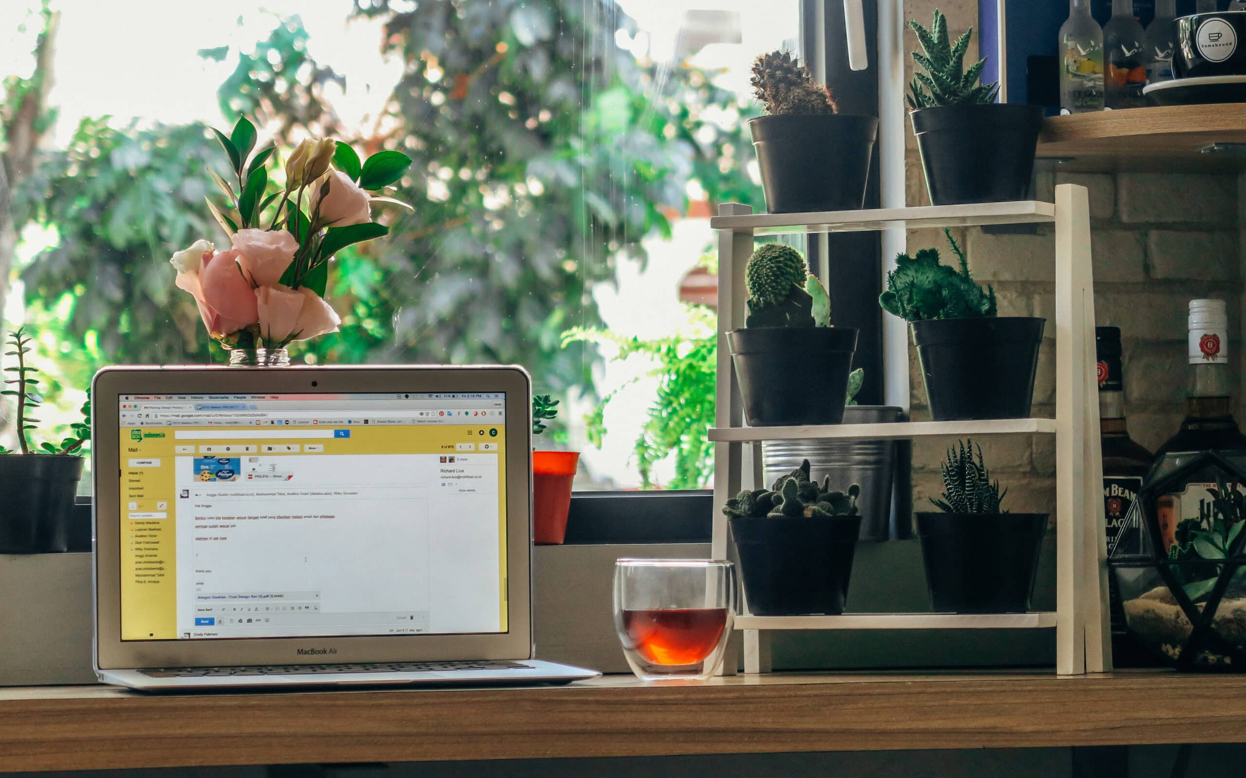 Motorized shades offer just the right amount of light. At this desk, a laptop and potted plants benefit from soft sunlight.