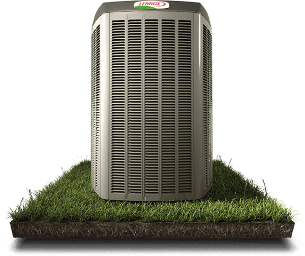 Lennox air conditioning unit on green turf outside home in local HVAC service area.