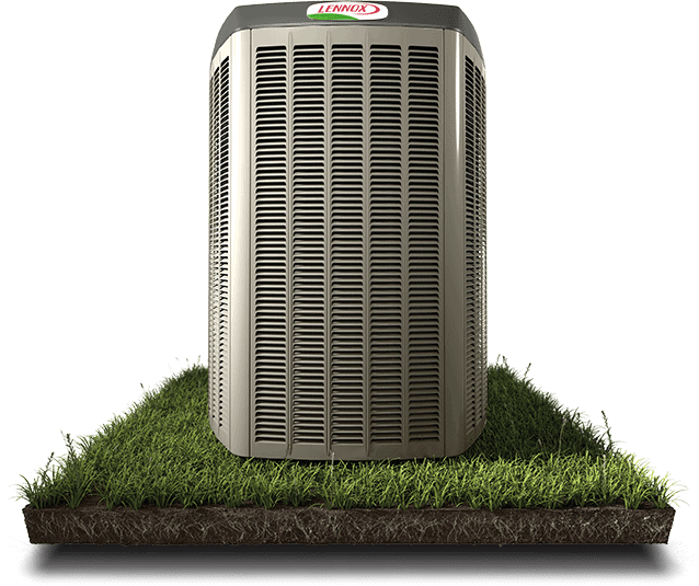 Lennox air conditioning unit on green turf outside home in local HVAC service area.