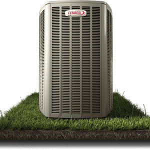High-efficiency Lennox outdoor HVAC unit for residential cooling and heating.