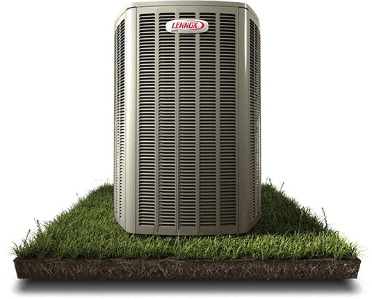 High-efficiency Lennox outdoor HVAC unit for residential cooling and heating.