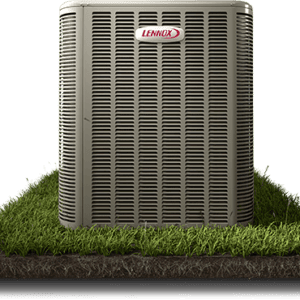 Lennox HVAC outdoor air conditioning unit on green grass.