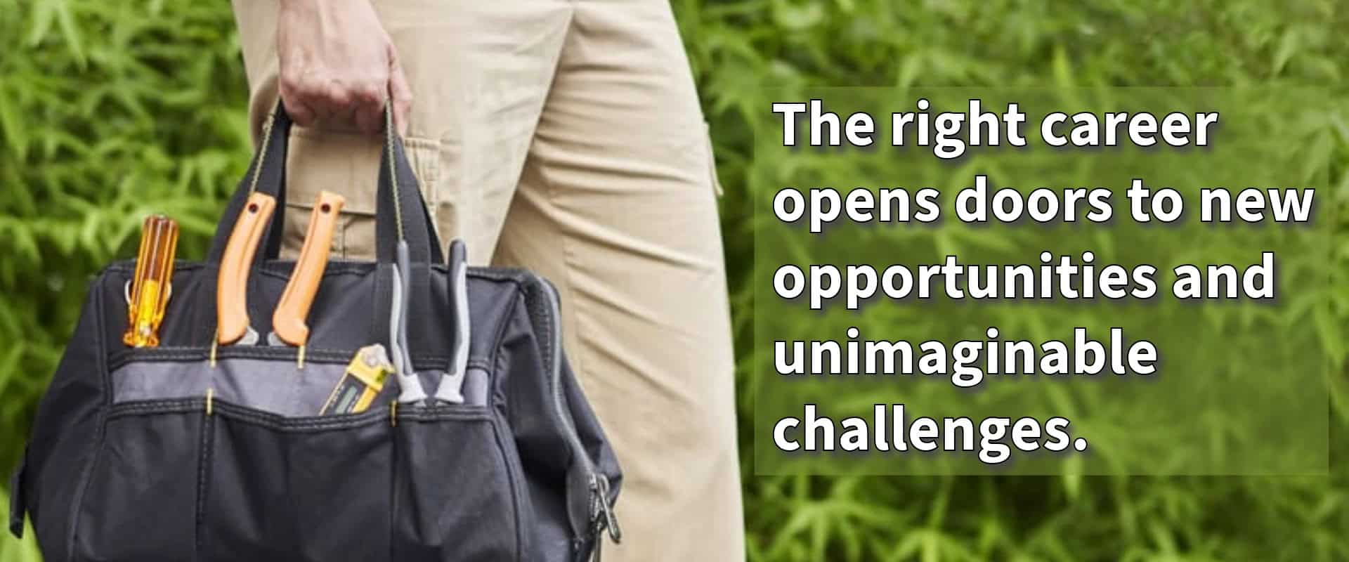 Tool bag with hand tools carried by an HVAC technician, featuring Baker’s Heating & AC logo and a motivational career slogan.