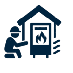 Emergency HVAC repair technician inspecting a furnace fire safety system in a home.