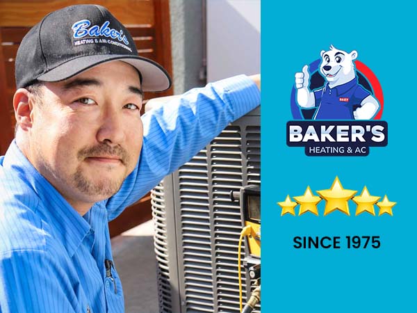 Baker's HVAC technician performing professional AC repair service on air conditioning system in Lodi, CA