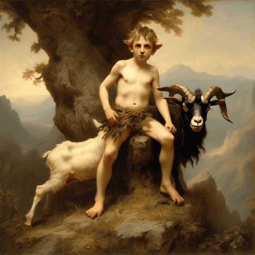 Trial of strength (satyr boy with billy goat in landscape) – Ludwig Knaus