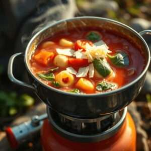 Delikat tomatsuppe med friske grøntsager og smeltet ost i gryden.