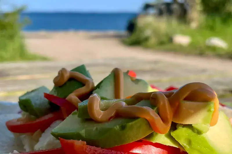 Tortilla med skiver af avocado, peberfrugt og chilimayo, set med en baggrund af havet.