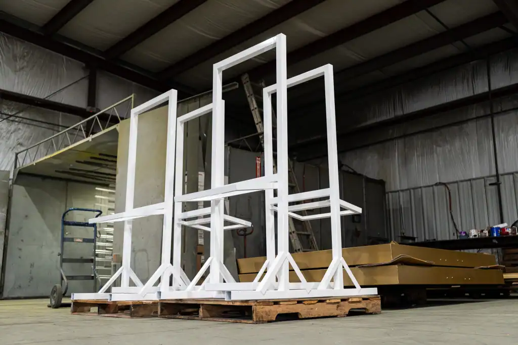 Industrial metal frame structure in a manufacturing facility.
