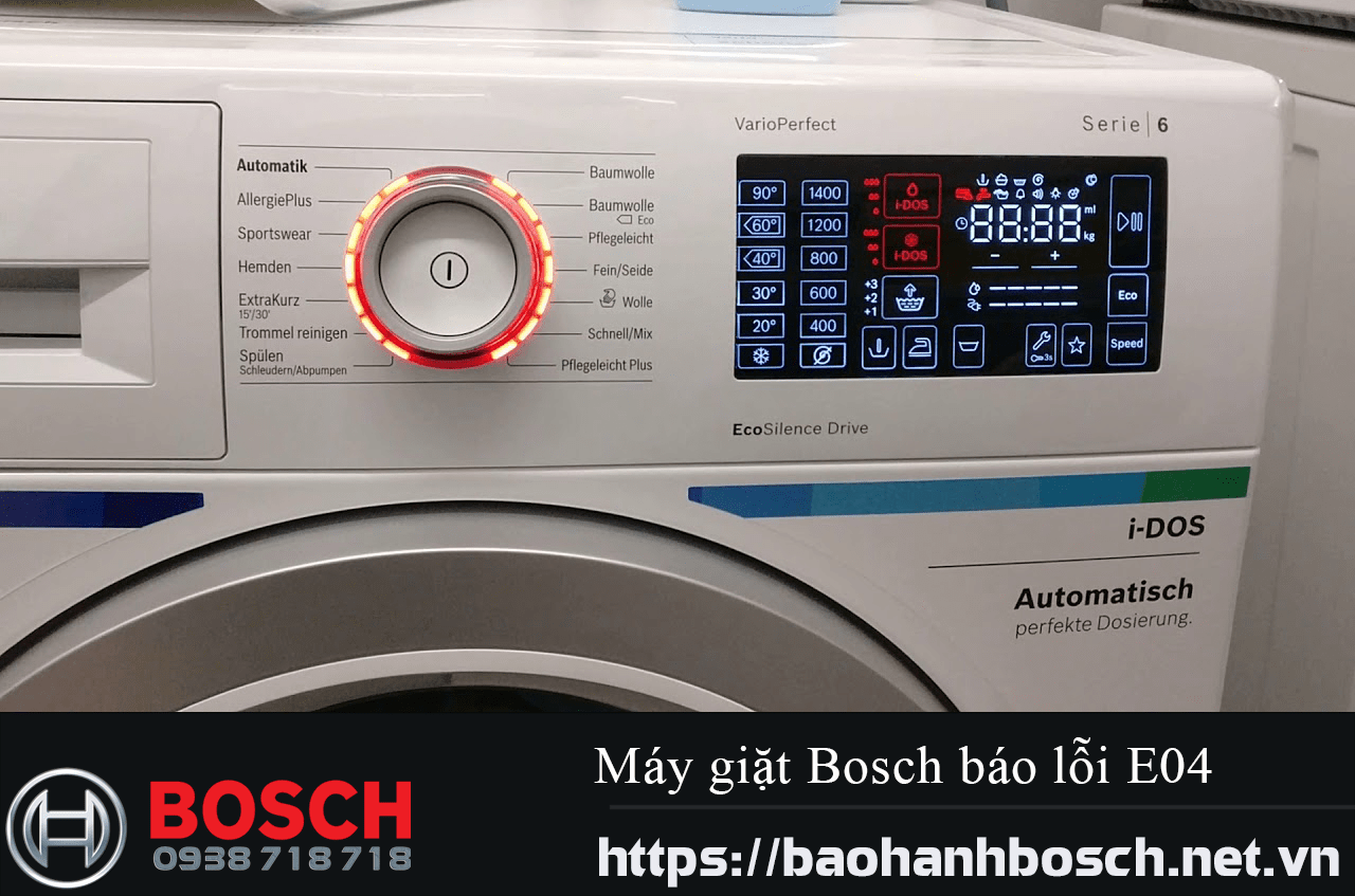 Chương trình điều khiển máy giặt Bosch màn hình kỹ thuật số hiển thị các chế độ giặt, kiểm tra lỗi E04, giúp bảo hành Bosch hiệu quả.