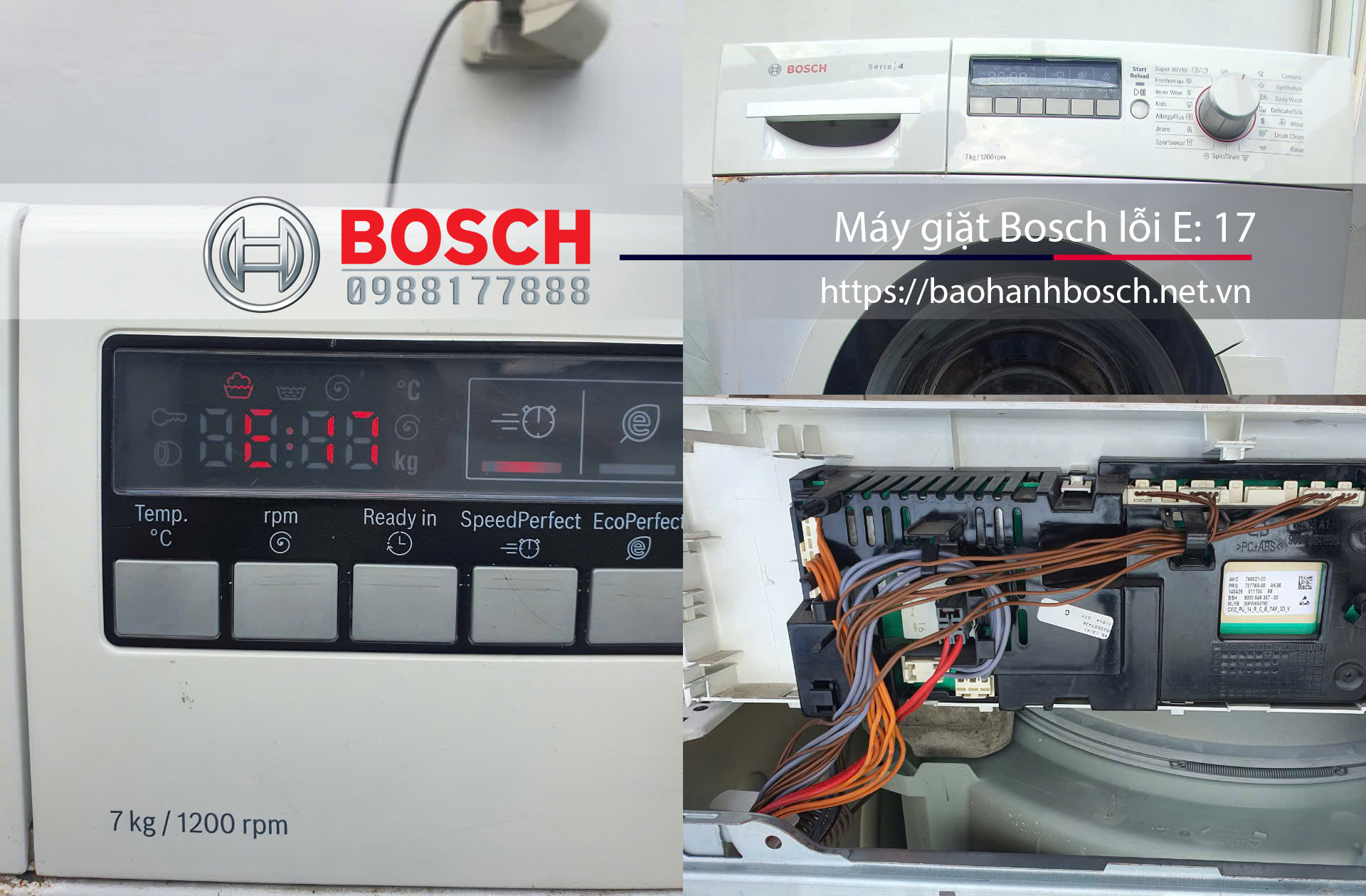 Máy giặt Bosch lỗi E:17, sửa chữa bảo dưỡng tại trung tâm Bảo Hành Bosch chính hãng tại Việt Nam.